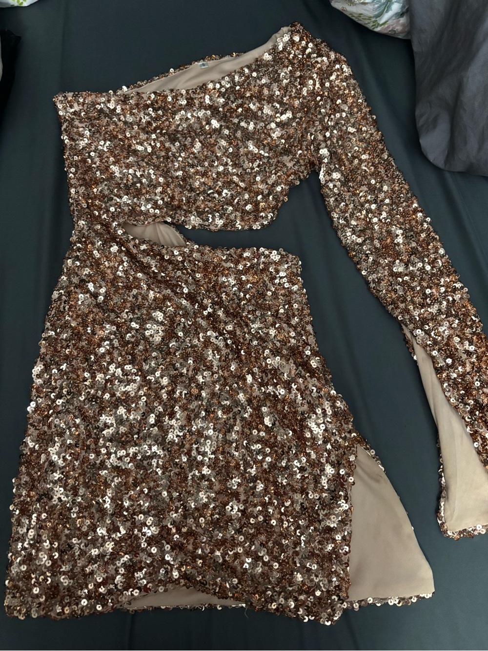 One-Shoulder Sequin Mini Dress in Rose Gold